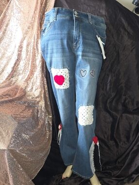 Angels Blue Denim Flare Jeans with Crochet Patches & Heart Accents